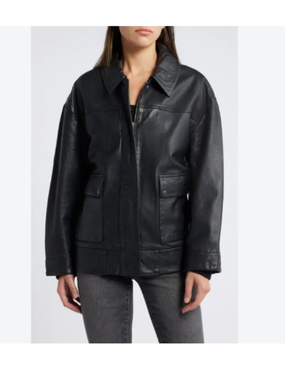 NWOT Treasure & Bond Genuine Leather Collared Jacket In Black Size L